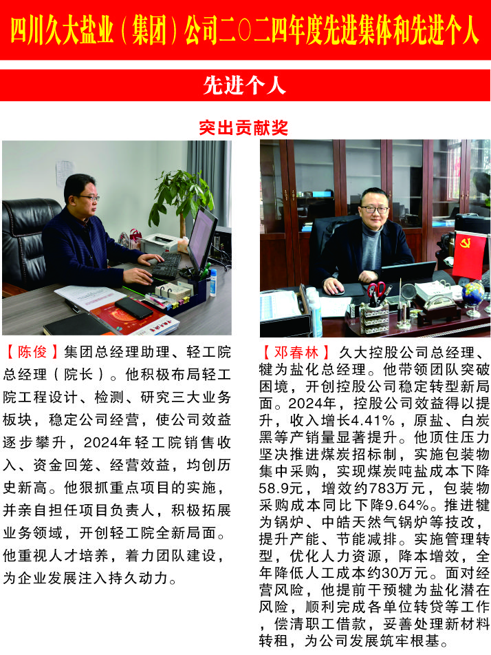 四川久大盐业（集团）公司二0二四年度先进集体和先进个人